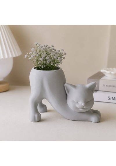 Kedi Figürlü Mini Saksı Dekoratif Saksı Gri