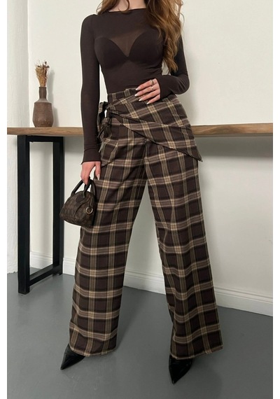 Meecy Bsk Fular Detaylı Ekoseli Tailored Fit Pantolon Kahverengi Kahverengi