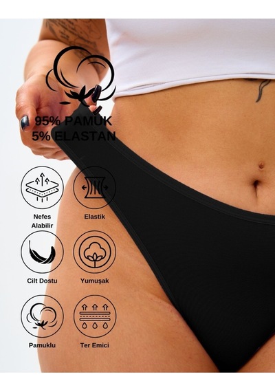 Alya Underwear Kadın Külot Pamuklu String - 5 Adet Siyah Tanga S, M, L, Xl Siyah
