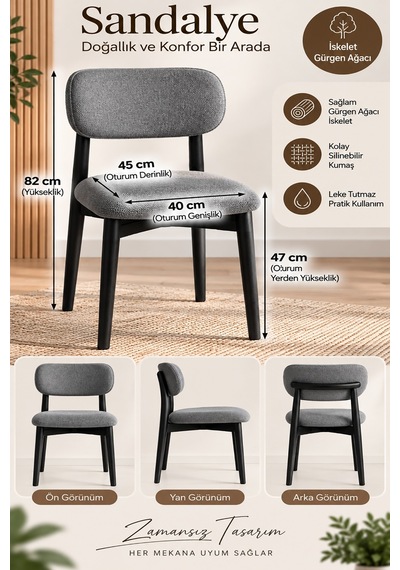 2 Adet Polo Nergis Ahşap Gürgen Sandalye Cafe,restaurant,mutfak,salon,yemek Odası Sandalyesi Siyah