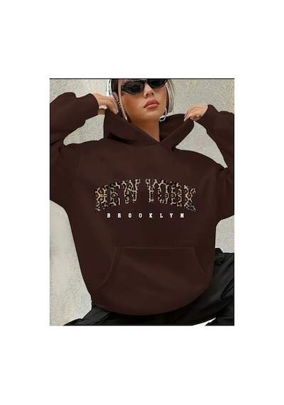 Herkesemoda New York Yazı Detay Baskılı İçi Polarlı Kapüşonlu Sweatshirt Siyah