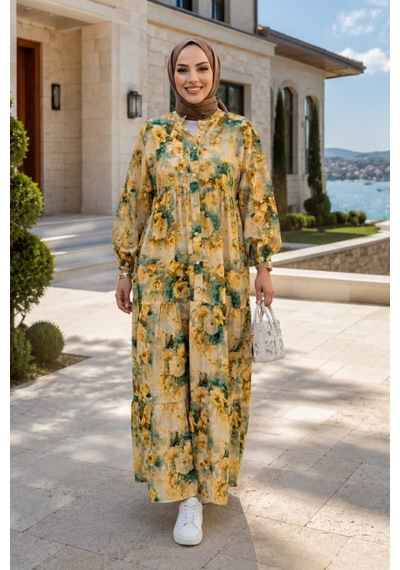 Hb Harma Time Butik Kadın Düğmeli Çiçek Desenli Sarı Modal Elbise Hardal