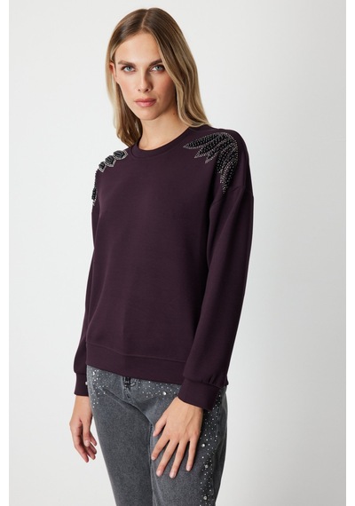 On Kadın Omuzları İncili Sweat 66338 Bordo Bordo