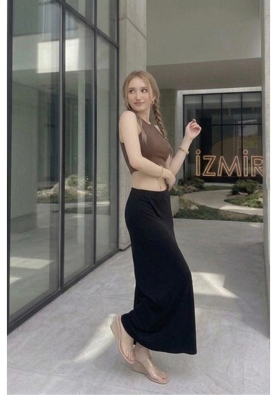Unika Boutique Renkli Cizgi Desenli Uzun Bürümcük Kloş Etek siyah