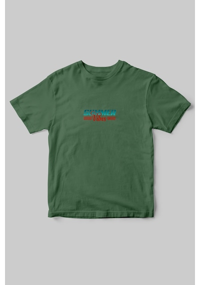 Summer Vibes Yazlık Kısa Kollu Kumsal Güneş Tasarımlı Minimal %100 Pamuk Bisiklet Yaka Haki T-shirt Haki