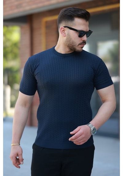 Erkek Bisiklet Yaka Örgü Desenli Kısa Örme Triko Kısa Kollu T-shirt Lacivert
