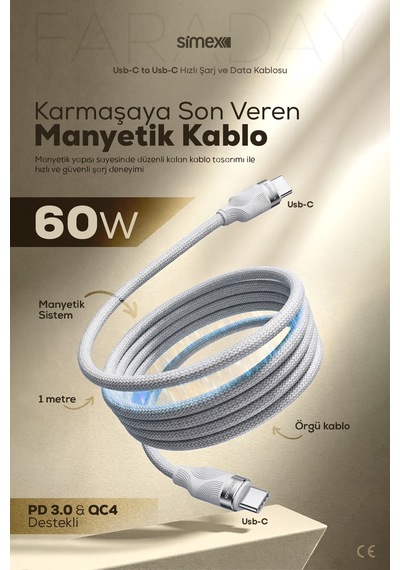 Simex 60W Type-C Type-C Hızlı Şarj Kablosu - Manyetik Şarj ve Veri Kablosu - QC 4.0 Destekli SPK-13