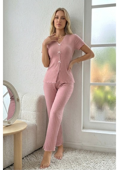 Bella Notte V Yaka Pamuklu Fiyonk Detaylı Pijama Takımı Krem