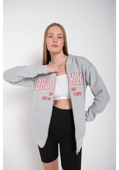 Tarzsokak Kadın Gri Brooklyn Baskılı Oversize Hırka Brooklynhırka