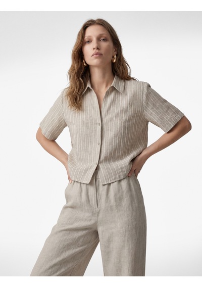 Koton Regular Fit Kaçık Yaka Kısa Kollu Crop Gömlek Kahverengi Çizgili 6sak60311pw