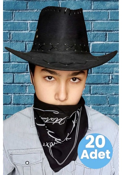 Uniquetrenders Çocuk Unisex Bandanalı 20'li Nubuk Kovboy Şapkası 8-14 Yaş Siyah 6