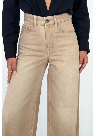 HLT Jeans Bej Kadın Wide Leg Jean %100 Pamuklu Yüksek Bel Palazzo Kot Pantolon Angel-2060