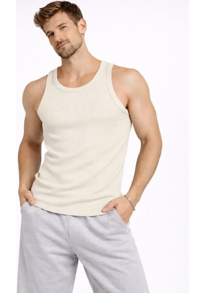 Etiler Collection Erkek Fitilli Atlet Sıfır Yaka Slim Fit Arka Baskılı Spor Atlet - Krem