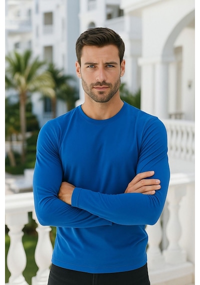Rich Erkek Uzun Kollu Bisiklet Yaka Tişört - %100 Pamuk Basic Relaxed T-shirt Mavi