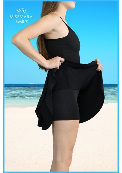 Mykonos Etek Siyah Içte Sabit Şortlu Yüksek Bel Likralı Bürümcük Kumaş Skirt With Shorts 4105 Siyah