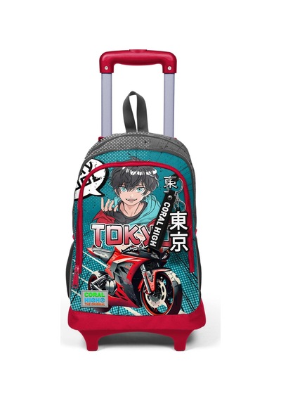 Coral High Kids Gri Nefti Anime Motorsiklet Desenli Üç Bölmeli Çekçekli Okul Sırt Çantası 23964
