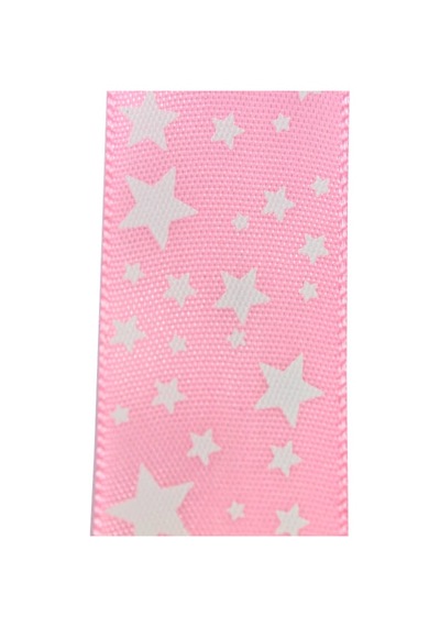 Saten Kurdele. Yıldız Baskılı. 2.50 Cm X 23 Mt - Pembe