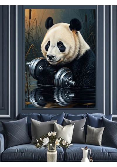 Ahşap Tablo Ağırlık Kaldıran Güçlü Panda Figürü