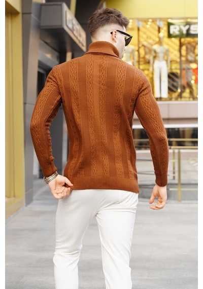 Madmext Camel Desenli Balıkçı Yaka Triko Kazak 5769 Camel