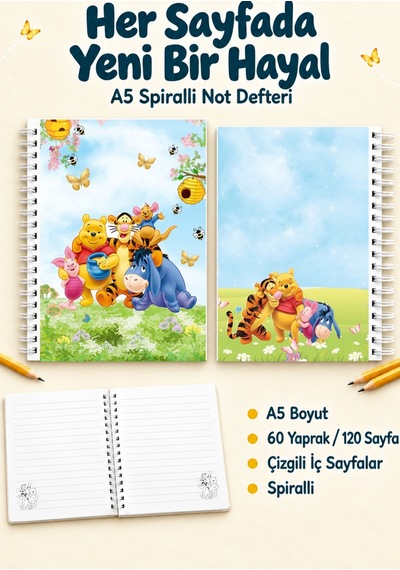 Winnie The Pooh A5 Spiralli Çizgili Not Defteri 60 Yaprak 120 Sayfa Çok Renkli