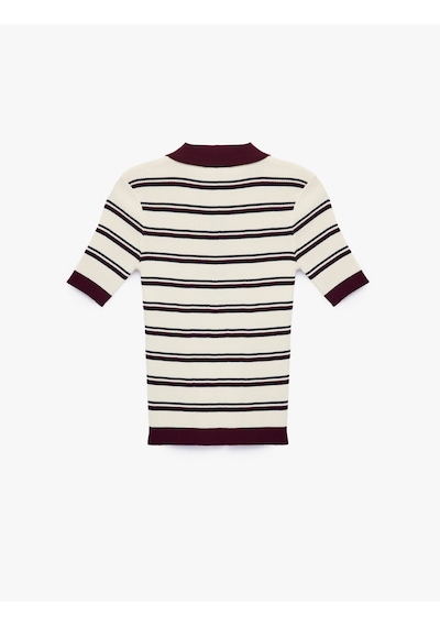 Koton Regular Fit Polo Yaka Çizgili Kısa Kollu Triko Kazak Bordo Çizgili 7wak90456ht