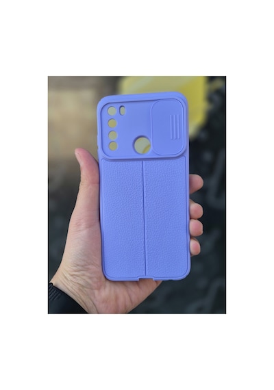 Fibaks Redmi Note 8 Uyumlu Kılıf Sürgülü Slide Kamera Korumalı Deri Görünümlü Lüks Silikon Lila