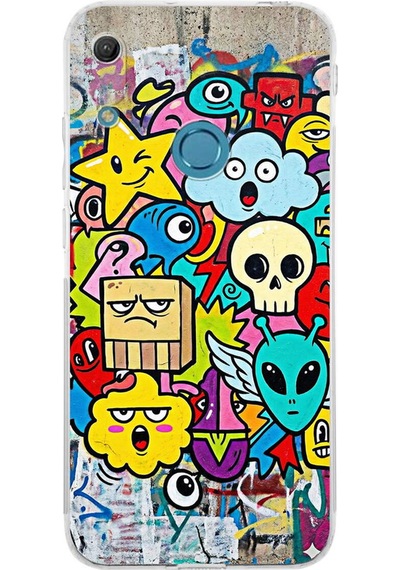 Huawei Y6 Pro 2019 İle Uyumlu Grafiti Doodle Tasarımlı Şeffaf Silikon Kılıf Şeffaf