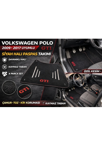 Volkswagen Polo 2009-2017 Uyumlu Siyah Halı Paspas Takımı Kaymaz Taban 4 Parça
