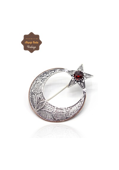 Midyat Nurtaş Gümüş Yakut Taşlı Ay Yıldız Model Telkari Gümüş Kadın Broş 201023487 Gümüş