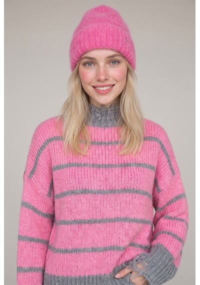 Neden Tekstil Kadın Premium Çizgili Yırtık Detaylı Oversize Triko Kazak - Pembe