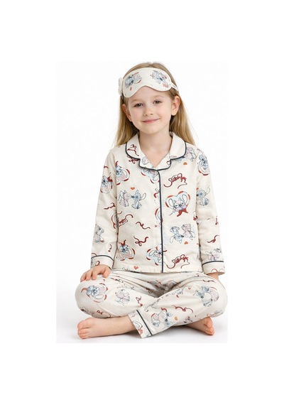 Beka Kids Ekru Desenli Uzun Kollu Önden Düğmeli Gömlek Yaka Kız Çocuk Pijama Takımı Ve Göz Bandı