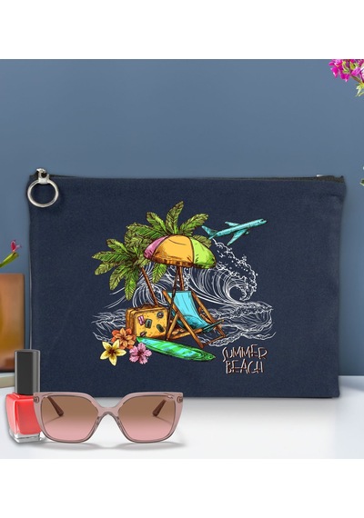 Bk Gift Yaz Temalı-9 Astarlı Lacivert Portföy Çanta 30x21cm, Baskılı El Çantası, Organizer Çanta