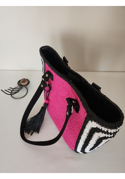 Fikriharika Design Pink Maze, Kağıt İp, Kadın Omuz Çantası Siyah - Beyaz - Fuşya