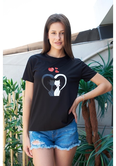 Jument Baskılı Sıfır Yaka Kırışmaz Span Karışımlı Şık Kısa Kol T-shirt Bluz- Siyah Kedi Kalp Desenli Kedi Kalp