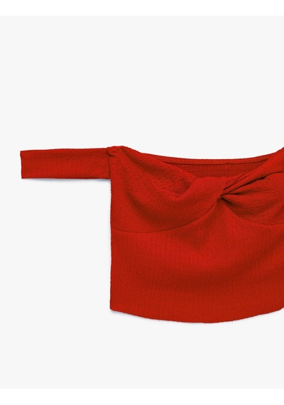 Koton Koton X Şahika Ercümen - Bürümcük Kumaş Kalp Yaka Düğüm Detaylı Omzu Açık Crop Top Kırmızı 6sak10451ek