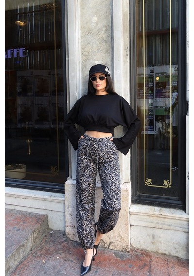 Kechi Woman Gabardin Kumaş Desenli Pantolon Gri Leopar