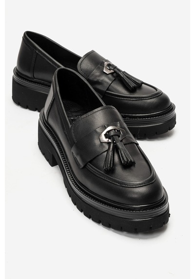 Luvi Shoes Marsy Siyah Cilt Hakiki Deri Püsküllü Kadın Loafer Ayakkabı