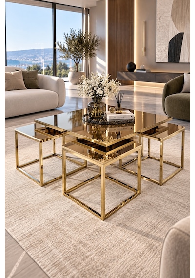 Berlin 5 Parça Gold Zigon Sehpa Takımı Orta Sehpa Yan Sehpa Bronz Aynalı Kurulu Hediye 75x75