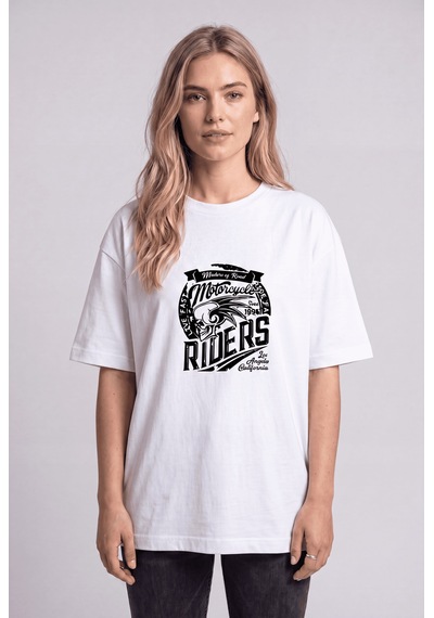 Black Nova Oversize Baskılı Unisex %100 Pamuk T-shirt California Riders Beyaz
