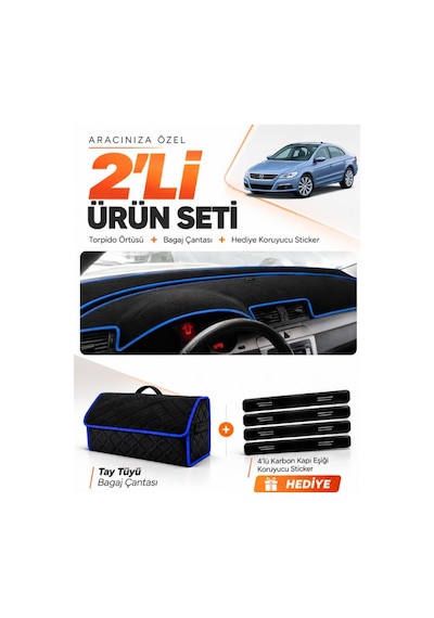 E-biz Volkswagen Passat Cc 2008-2012 Uyumlu Torpido Örtüsü + Tay Tüyü Çanta - Siyah-mavi - Vw016