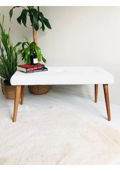 Ahşap Ayaklı Handmade Geniş Oturum Alanlı Beyaz Welsoft Kumaş Pofidik Puf Bench ,ayak Ucu Uzatmalık Beyaz