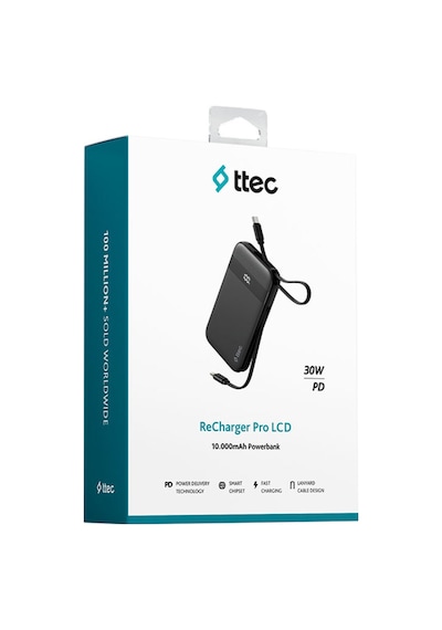 Ttec 2BB225S Recharger Pro LCD 10.000 mAh PD 30W Lightning Ve USB-C Dahili Kablolu Taşınabilir Powerbank
