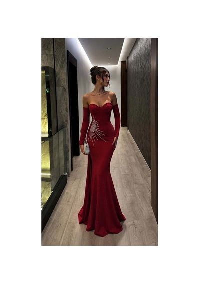 Straplez Elbise Balık Abiye Kesim Kırmızı