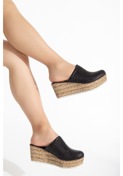 Analin Shoes Kadın Hakiki Deri Burnu Kapalı Dolgu Topuk Terlik Siyah