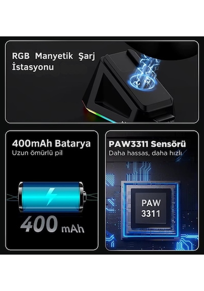 Aj179p Mc 3 Modlu 1000hz 12.000 Dpı Manyetik Şarj Istasyonlu Paw3311 Optik Sensör Gaming Mouse Diğer