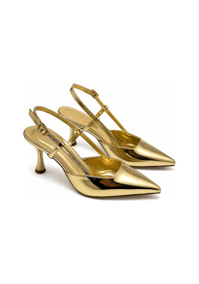 Asmi Shoes Kadın Matina Altın Rugan 7 Cm Topuklu Sivri Burun Arkası Açık Ayakkabı