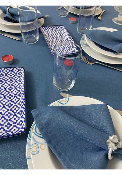 Simli Keten Görünümlü Begonvil Masa Örtüsü Indigo Mavi 13 Parça Set