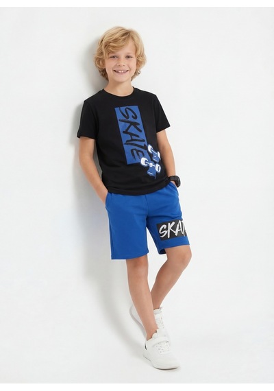 Panios Kids Yuvarlak Yaka Skate Baskı Detaylı Yazlık Erkek Çocuk Alt Üst Takım Mavi