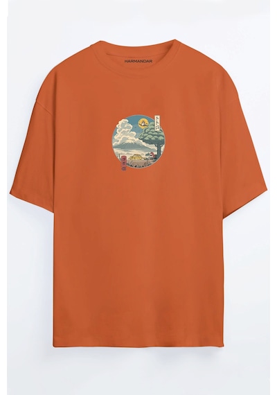 Totoro Anime Baskılı Unisex Turuncu Oversize T-shirt Turuncu
