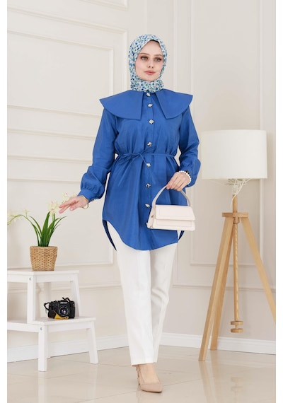 Sevitli Beli Bağcık Detaylı Geniş Yaka Tunik-indigo-4994 Indigo